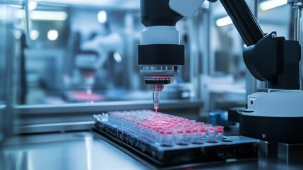 Poster - A robotic arm precisely dispenses colorful liquids into small test tubes within a modern laboratory. The setting highlights advanced technology and automation in scientific research.
