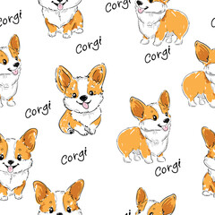 Fototapete - seamless pattern with hand drawn cute corgi dog print background vector 