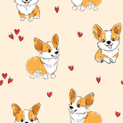 Fototapete - seamless pattern with hand drawn cute corgi dog love print background vector 