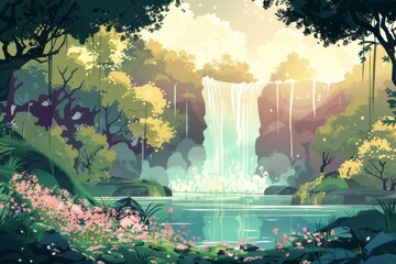 Poster - A lush green forest with a waterfall and a pond. The waterfall is surrounded by trees and the pond is filled with water. The scene is peaceful and serene