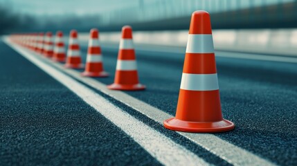 Row of orange traffic cones on the road creating separation between lanes, representing road safety and construction zones.