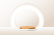 © backup16 - Wooden 3d podium with glowing white round frame on beige background. Empty circle stand pedestal of natural wood with white base for luxury product presentation. Realistic vector illustration