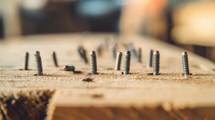 Close-up view of screws embedded in a wooden surface, showcasing craftsmanship and detailed texture in a workshop environment.