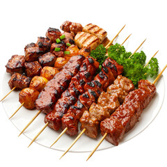 Grilled Skewers of Various Meats Served on a Platter with Garnish