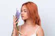 © luismolinero - Young Russian girl isolated on white background holding a lavender plant. Close up portrait