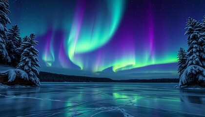Northern lights over a frozen lake surrounded by trees in nature.