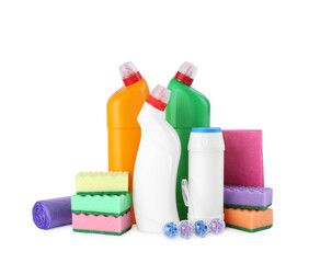 Wall Mural - Different toilet cleaners, sponges, rag and trash bags isolated on white