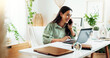 © HockleyM4/peopleimages.com - Business woman, laptop and phone call at desk with working, planning and creative office with talk. Writer, networking and mobile chat for article research and interview at content creation agency
