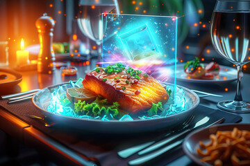 Fried fish steak in virtual menu of restaurant, modern technology of business of digital online service internet.