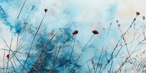 Poster - watercolor landscape with grass field, blue sky with clouds and red wild flowers. hand-drawn illustration 