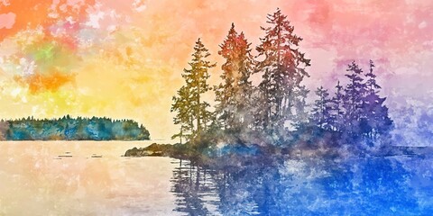 Wall Mural - watercolor background landscape with lake and forest  