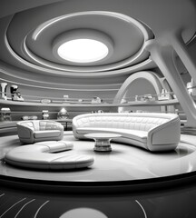 Wall Mural - A futuristic living room with white furniture and a circular design. AI.