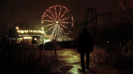 Wall Mural - Dark figure walking through an abandoned amusement park at night, the flickering lights of the rides casting eerie shadows.