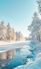 Canvas Print - Frozen river in a snowy forest. AI.