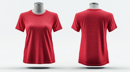 Photorealistic 3D render of a vibrant red t-shirt on an invisible mannequin, showcasing intricate fabric texture from front and back.