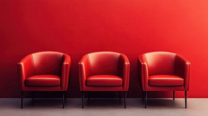 Red chairs in the room, minimalist design, simple background, red wall, soft light and shadow, three empty single-seat leather armchairs arranged side by side on both sides of the picture