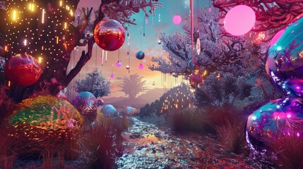 Wall Mural - Holiday props in a bizarre, dreamlike landscape with abstract decorations.