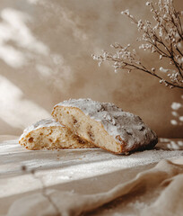 Traditional Christmas dessert stollen on table