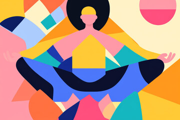 Meditative figure in colorful abstract landscape representing peace and tranquility during a serene moment of reflection