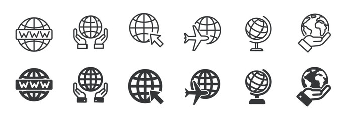 Wall Mural - globe and network line and glyph solid icons collection. minimal icon and symbol series vector illus