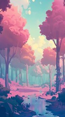 Wall Mural - A beautiful painting of a forest with pink trees and a blue sky. The mood of the painting is peaceful and serene