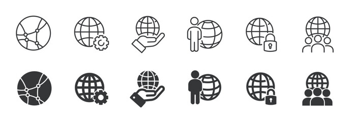 Wall Mural - globe and network line and glyph solid icons collection. minimal icon and symbol series vector illus