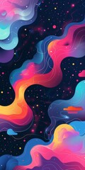 Wall Mural - A colorful painting of a galaxy with a rainbow-colored wave. The painting is abstract and has a dreamy, otherworldly feel to it