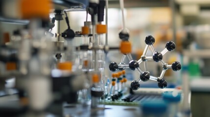 Fototapete - In a modern laboratory, various scientific instruments surround a prominent molecular model. Researchers work diligently on experiments, showcasing the collaboration of technology and chemistry.