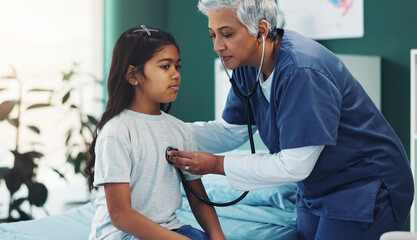 Canvas Print - Doctor, child and lung check with breathing, listening and medical assessment with stethoscope. Hospital, pediatrician and girl at clinic with wellness and consultation with asthma and mature woman