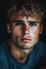 Wall Mural - Athletic handsome man with striking blue eyes in a close-up portrait