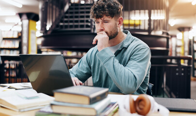 Poster - University, laptop and thinking with man in library for knowledge, education and college thesis. Academy, future and learning with student and online portal for exam, project and scholarship