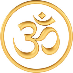 Gold metallic Om symbol in circular frame isolated on transparent background