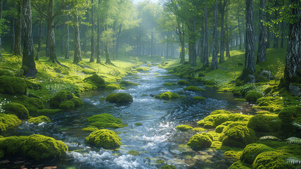 Wall Mural - Cold stream in the forest close-up