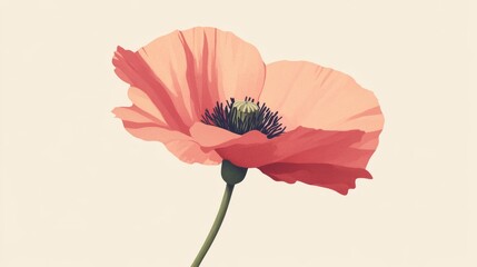 Sticker - Elegant Single Pink Poppy Flower on a Minimalist Beige Background in a Modern Artistic Style