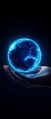 Wall Mural - a hand cradles a glowing blue sphere, symbolizing energy, innovation, and the connection between hum