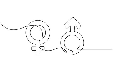 Female gender icon line continuous drawing vector. One line Female gender icon vector background. Female gender. Continuous outline of a Female gender gender icon. Ma and woman symbol one continuous