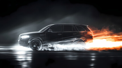 Vector illustration of a fast moving black SUV car with wind lines racing at high speed in a foggy night. Black and white automotive horizontal poster banner design in a luxury style.