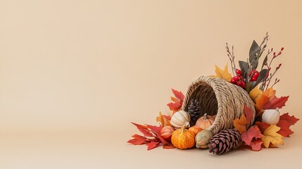 Poster - Thanksgiving background with a small cornucopia and empty space.