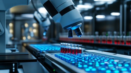 Aufkleber - A high-tech laboratory is equipped with sophisticated microscopes examining test tubes filled with vibrant red liquid
