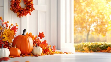 Wall Mural - Festive Autumn Doorstep with Pumpkins and Wreath