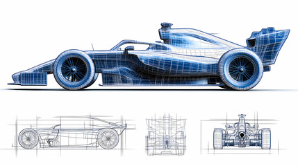 set of racing car line art draw blueprint wireframe from all side view. isolated on transparent background