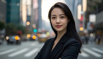 Confident Woman in Black Blazer Standing in Urban Setting