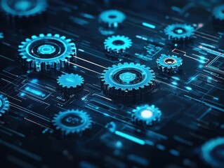 Fototapete - Holographic gears, glowing blue cogs, digital interface, hightech machinery background