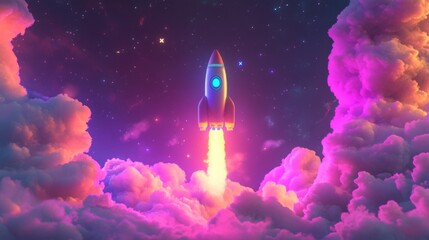 Fototapete - A white rocket, with a blue window and orange accents, is shown launching into space through pink and purple clouds