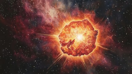 Aufkleber - Watercolor of a giant red supernova exploding, releasing waves of light and cosmic dust in shades of pink, orange, and yellow, fading into the vastness of space