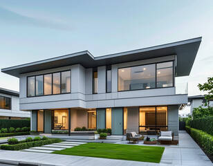 A modern duplex with a sleek design, featuring light gray siding, large windows, and a flat roof.