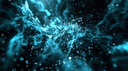 Abstract particle and wave motion in blue. Futuristic technology and digital flow concept.