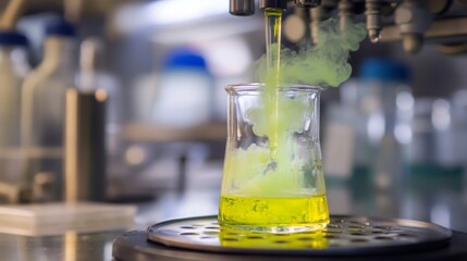 Poster - A bright green liquid is being poured into a laboratory beaker filled with bubbling substances. The setting is a modern lab equipped with various scientific instruments.