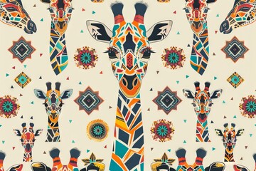 Poster - Giraffe heads with colorful tribal ornaments in a repeating layout.