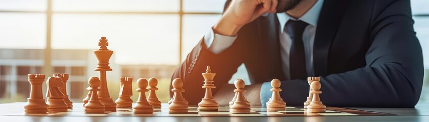 Businessman contemplating a chess move on a desk close up, focus on, copy space, bright hues for clarity, double exposure silhouette with corporate meeting